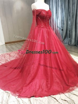 Elegant Coral Red Strapless Neckline Beading Wedding Gowns Sleeveless Zipper