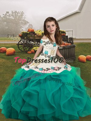 Perfect Floor Length Teal Pageant Dress for Teens Tulle Sleeveless Embroidery