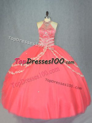 Best Watermelon Red Tulle Lace Up Halter Top Sleeveless Floor Length Vestidos de Quinceanera Beading and Ruffles