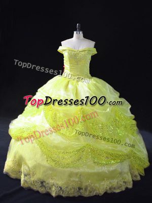 Yellow Green Lace Up Off The Shoulder Lace and Sequins Ball Gown Prom Dress Organza Sleeveless