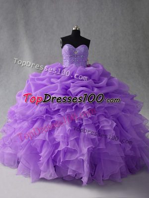 Super Lavender Ball Gowns Sweetheart Sleeveless Organza Floor Length Lace Up Beading and Ruffles and Pick Ups Sweet 16 Dress