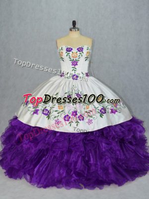 White And Purple Organza Lace Up Sweetheart Sleeveless Floor Length 15th Birthday Dress Embroidery and Ruffles