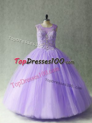Lavender Ball Gowns Scoop Sleeveless Tulle Floor Length Lace Up Beading Quinceanera Gowns