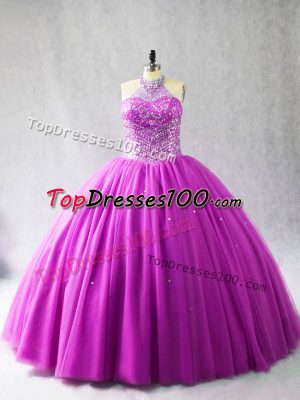 Lovely Lilac Halter Top Lace Up Beading 15th Birthday Dress Brush Train Sleeveless