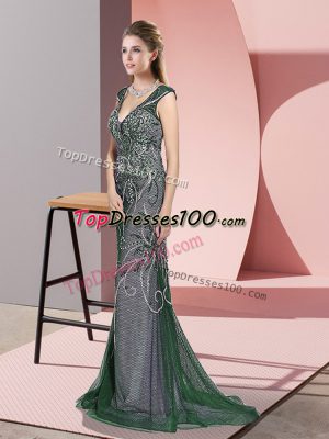 Perfect Dark Green Zipper Evening Wear Beading Sleeveless Sweep Train
