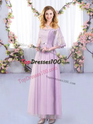 Amazing Lavender Empire Lace and Belt Court Dresses for Sweet 16 Side Zipper Tulle Half Sleeves Floor Length