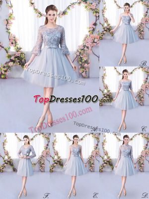 Top Selling Grey 3 4 Length Sleeve Knee Length Lace and Belt Lace Up Bridesmaid Gown