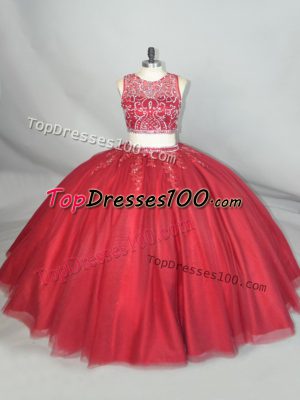 Red Zipper Quinceanera Dress Beading and Appliques Sleeveless Floor Length