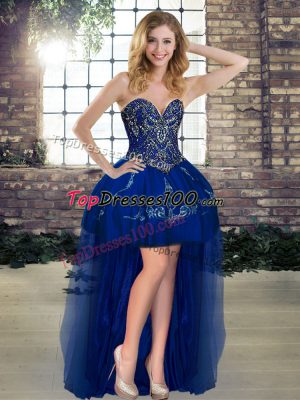 Elegant Royal Blue Tulle Lace Up Sweetheart Sleeveless High Low Pageant Dress for Teens Beading and Embroidery