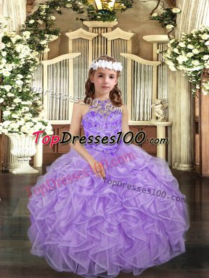 Best Lavender Ball Gowns Halter Top Sleeveless Organza Floor Length Lace Up Beading and Ruffles Pageant Dress for Girls