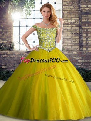 Best Yellow Green Ball Gowns Off The Shoulder Sleeveless Tulle Brush Train Lace Up Beading Quinceanera Gowns