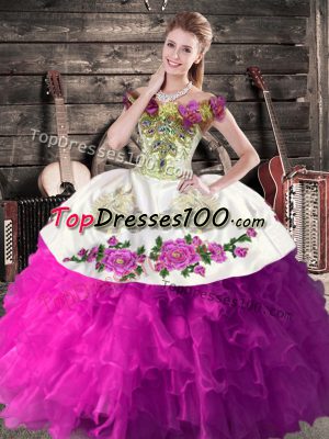 Chic White And Purple Sleeveless Embroidery and Ruffles Floor Length Vestidos de Quinceanera