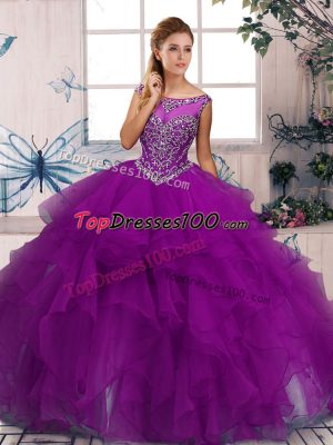 Luxury Purple Sleeveless Floor Length Beading and Ruffles Zipper Quinceanera Dress