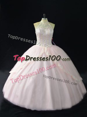 New Arrival Halter Top Sleeveless Sweet 16 Dress Floor Length Beading and Appliques Pink Tulle