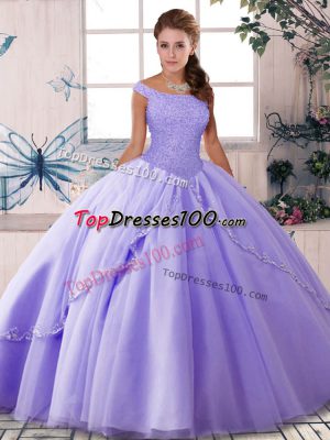 Classical Lavender Off The Shoulder Lace Up Beading Sweet 16 Quinceanera Dress Brush Train Sleeveless