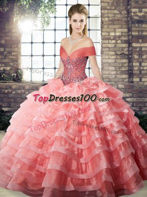 Captivating Watermelon Red Sleeveless Organza Brush Train Lace Up Sweet 16 Quinceanera Dress for Military Ball and Sweet 16 and Quinceanera