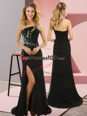 Beading Prom Evening Gown Black Lace Up Sleeveless Sweep Train