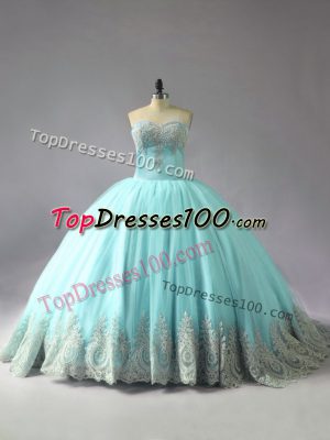 Edgy Court Train Ball Gowns Vestidos de Quinceanera Blue Sweetheart Tulle Sleeveless Lace Up