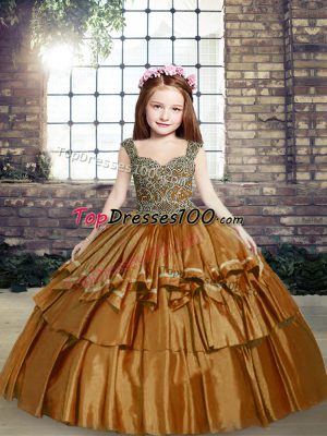 Custom Design Brown Ball Gowns Taffeta Straps Sleeveless Beading Floor Length Lace Up Kids Formal Wear