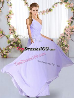 High End Lavender Empire Chiffon One Shoulder Sleeveless Ruching Floor Length Lace Up Bridesmaids Dress