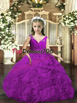 Purple Ball Gowns Fabric With Rolling Flowers V-neck Sleeveless Beading and Ruching Floor Length Backless Little Girls Pageant Dress