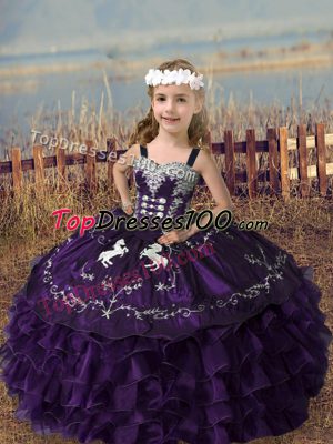 Floor Length Lace Up Kids Formal Wear Purple for Wedding Party with Embroidery and Ruffled Layers