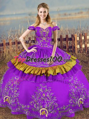 Colorful Purple Satin and Organza Lace Up Sweet 16 Dress Sleeveless Floor Length Embroidery