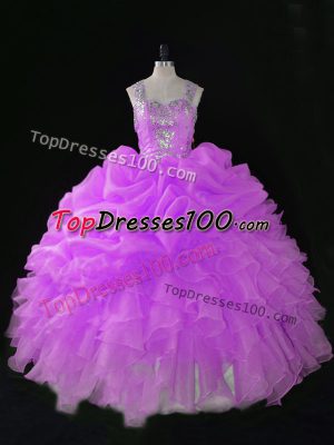 Popular Lilac Organza Zipper Straps Sleeveless Floor Length Quinceanera Dress Sequins and Pick Ups