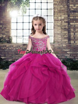 Fuchsia Lace Up Custom Made Pageant Dress Beading and Ruffles Sleeveless Floor Length