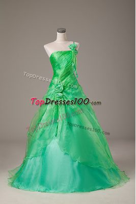 Shining Floor Length Lace Up Quinceanera Gowns Green for Sweet 16 and Quinceanera with Hand Made Flower