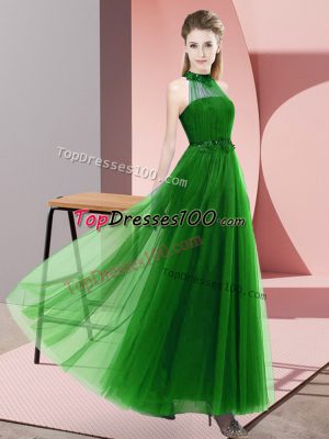 Green Empire Halter Top Sleeveless Tulle Floor Length Lace Up Beading and Appliques Damas Dress