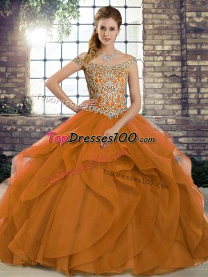 Orange Sleeveless Beading and Ruffles Lace Up Sweet 16 Dress