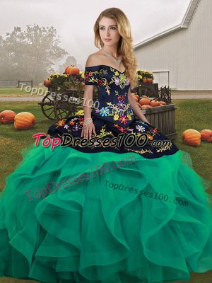 Customized Embroidery and Ruffles Quinceanera Gowns Turquoise Lace Up Sleeveless Floor Length