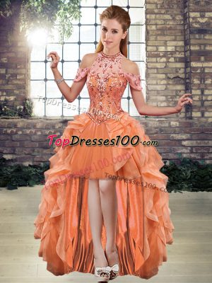 Orange Sleeveless Beading and Ruffles High Low Dress for Prom