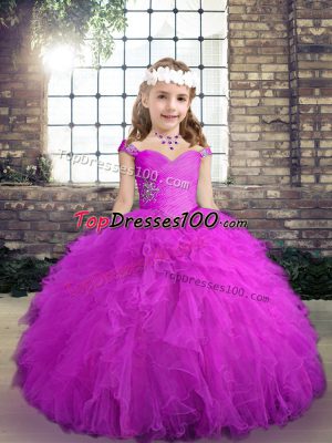 Attractive Floor Length Fuchsia Pageant Dress for Girls Tulle Sleeveless Beading and Ruffles