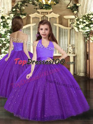Purple Ball Gowns Tulle Halter Top Sleeveless Ruching Floor Length Lace Up Pageant Dress for Teens