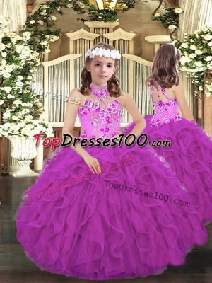 Modern Purple Lace Up Little Girl Pageant Gowns Embroidery and Ruffles Sleeveless Floor Length