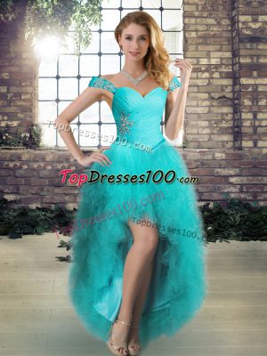 Elegant Aqua Blue Tulle Lace Up Dress for Prom Sleeveless High Low Beading and Ruffles