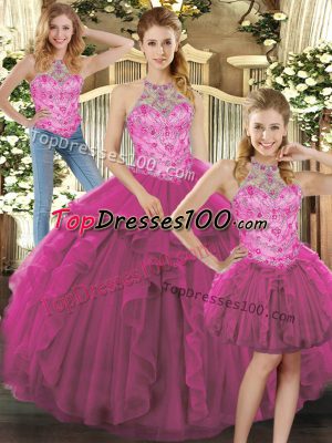 Custom Made Fuchsia Vestidos de Quinceanera Military Ball and Sweet 16 and Quinceanera with Beading and Ruffles Halter Top Sleeveless Lace Up