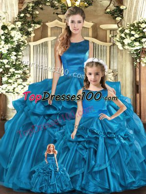 Scoop Sleeveless Sweet 16 Quinceanera Dress Floor Length Ruffles Teal Organza