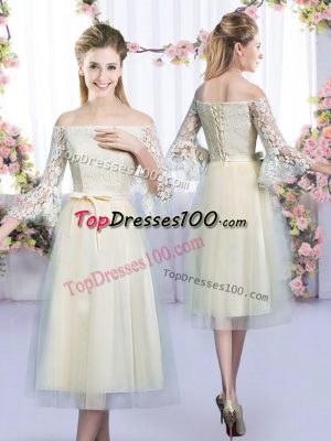 Noble Champagne Empire Lace and Bowknot Vestidos de Damas Lace Up Tulle 3 4 Length Sleeve Tea Length