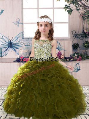 Olive Green Ball Gowns Scoop Sleeveless Tulle Floor Length Lace Up Beading and Ruffles Pageant Gowns