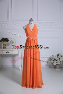 Beautiful Sleeveless Floor Length Ruching Zipper Bridesmaids Dress with Orange