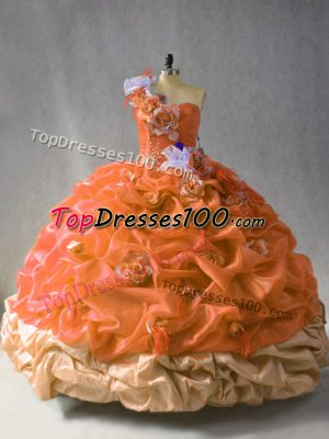Floor Length Lace Up Quinceanera Gown Rust Red for Quinceanera with Beading and Pick Ups and Hand Made Flower