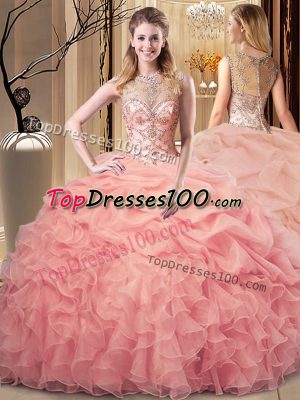 Dazzling Peach Ball Gowns Beading and Ruffles Ball Gown Prom Dress Zipper Organza Sleeveless Floor Length