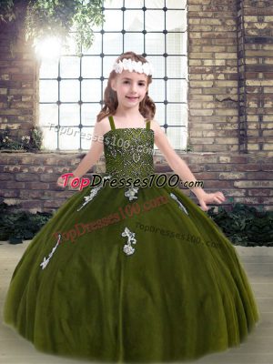 Strapless Sleeveless Little Girl Pageant Dress Floor Length Appliques Olive Green Tulle
