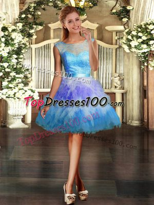 Multi-color Ball Gowns Tulle Scoop Sleeveless Lace and Ruffles Mini Length Backless Homecoming Gowns
