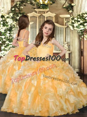 Nice Gold Ball Gowns Ruffles Child Pageant Dress Lace Up Organza Sleeveless Floor Length