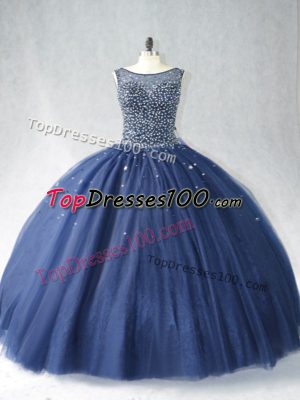 Navy Blue Ball Gowns Tulle Scoop Sleeveless Beading Zipper Sweet 16 Quinceanera Dress