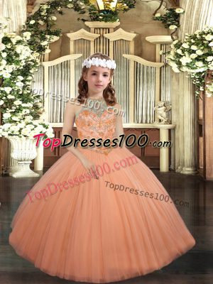 Graceful Ball Gowns Pageant Gowns For Girls Peach Halter Top Tulle Sleeveless Floor Length Lace Up
